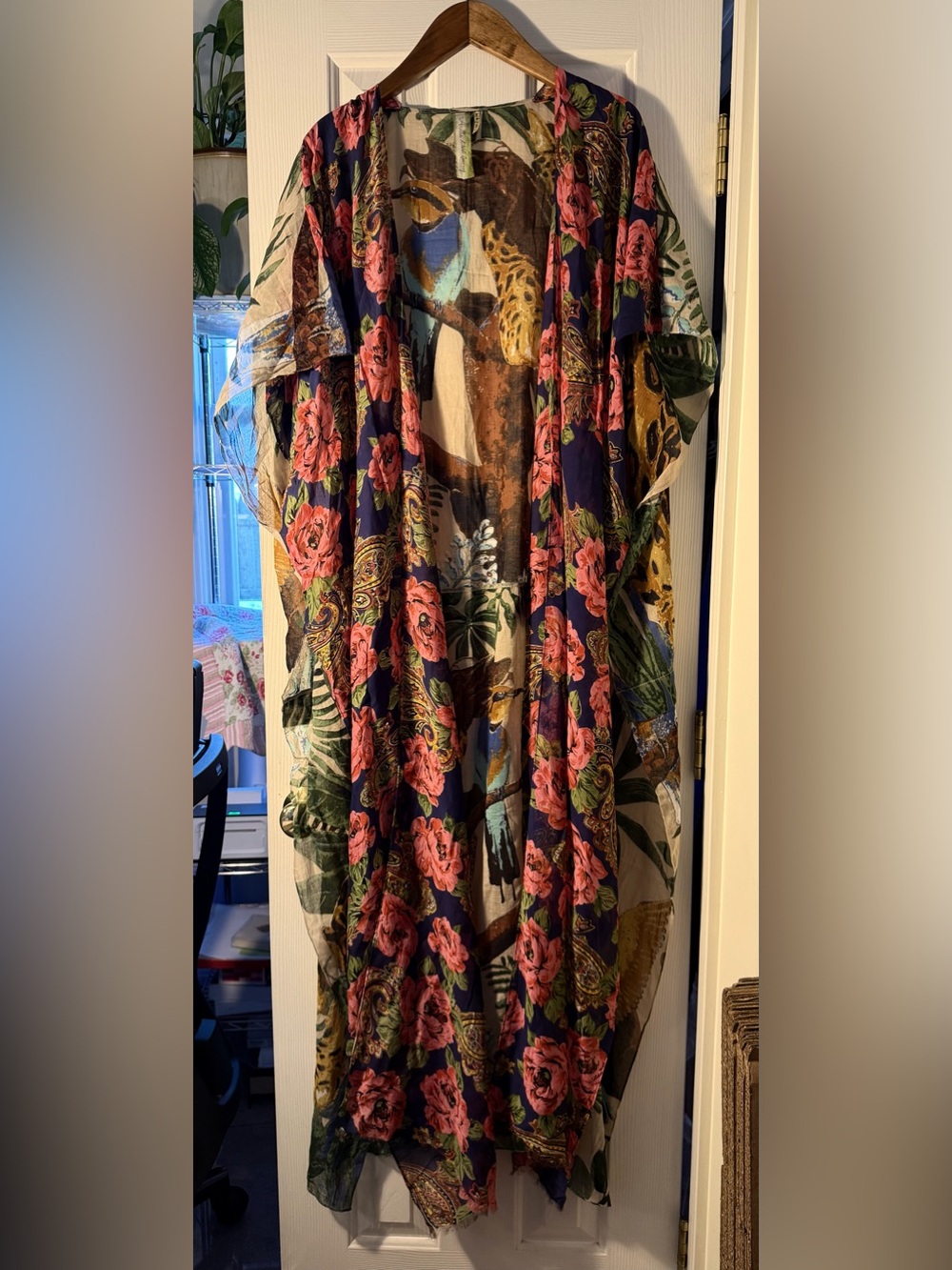 Aratta Mixed Print Long Kimono Duster Tropical Leopard Bird Floral Boho OS